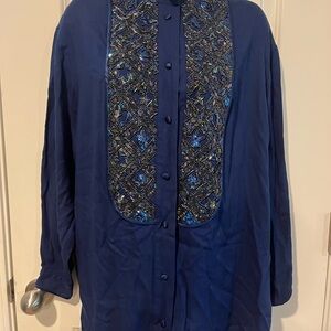 Embellished Navy Button-Down Shirt with Beaded Bib